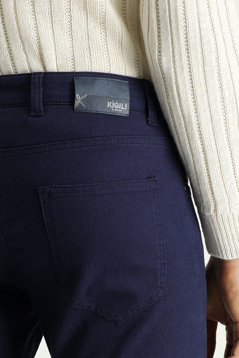 Dark Navy Blue Slim Fit Patterned Lycra Canvas / Chino Trousers