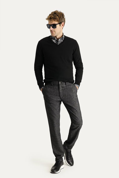 Men's Black Regular Fit Standard Cut Patterned Lycra Canvas / Chino Trousers