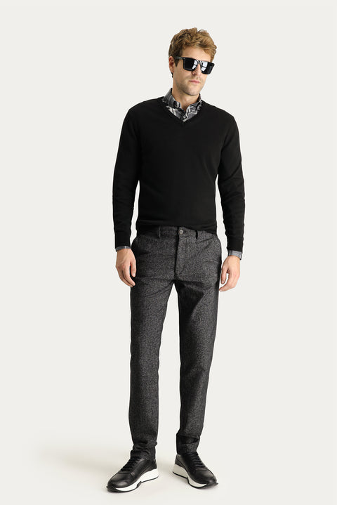 Men's Black Regular Fit Standard Cut Patterned Lycra Canvas / Chino Trousers