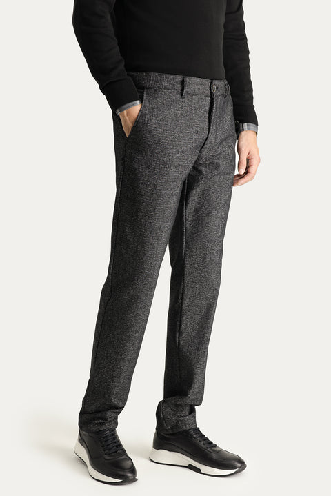 Men's Black Regular Fit Standard Cut Patterned Lycra Canvas / Chino Trousers