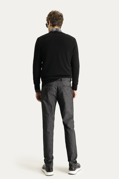 Men's Black Regular Fit Standard Cut Patterned Lycra Canvas / Chino Trousers