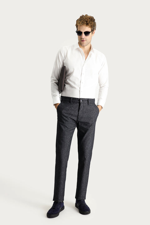 Dark Navy Regular Fit Standard Cut Patterned Lycra Canvas / Chino Trousers