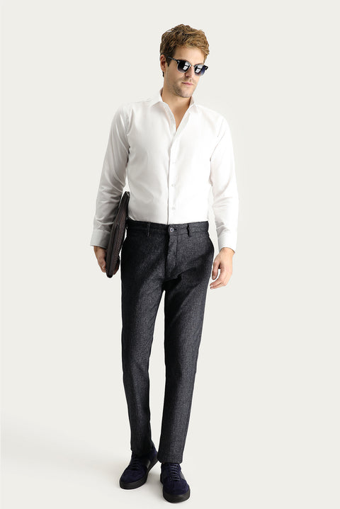 Dark Navy Regular Fit Standard Cut Patterned Lycra Canvas / Chino Trousers