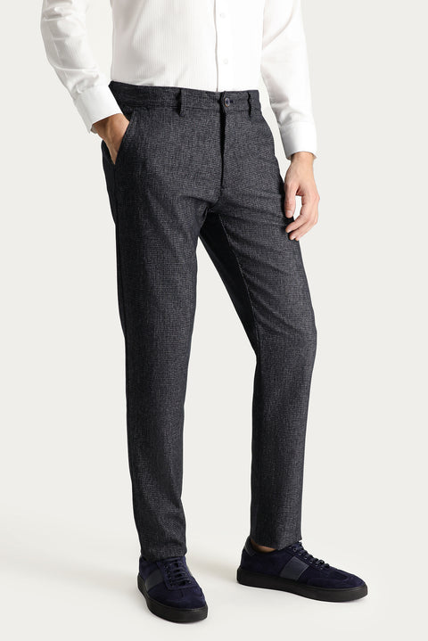 Dark Navy Regular Fit Standard Cut Patterned Lycra Canvas / Chino Trousers