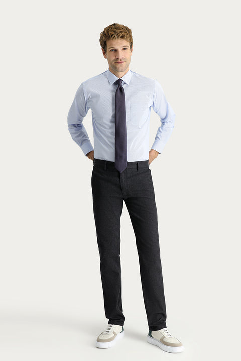 Black Slim Fit Narrow Cut Patterned Lycra Canvas / Chino Trousers