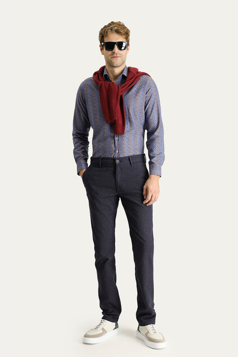 Dark Navy Blue Slim Fit Patterned Lycra Canvas / Chino Trousers