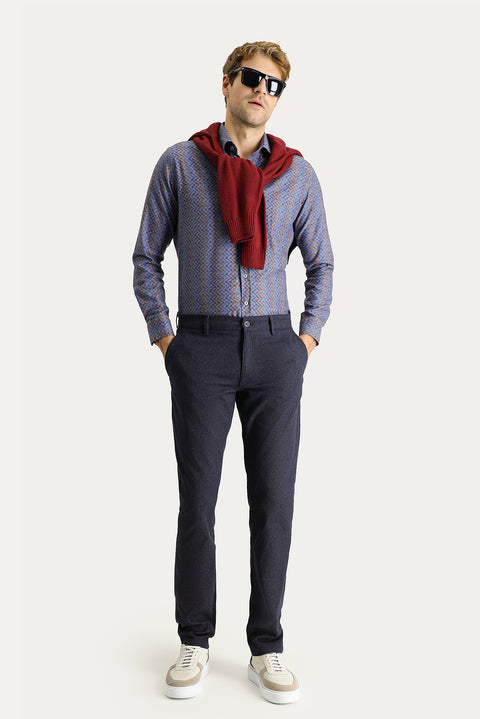 Dark Navy Regular Fit Standard Cut Patterned Lycra Canvas / Chino Trousers