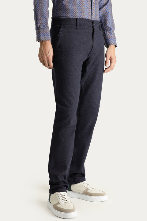Dark Navy Regular Fit Standard Cut Patterned Lycra Canvas / Chino Trousers