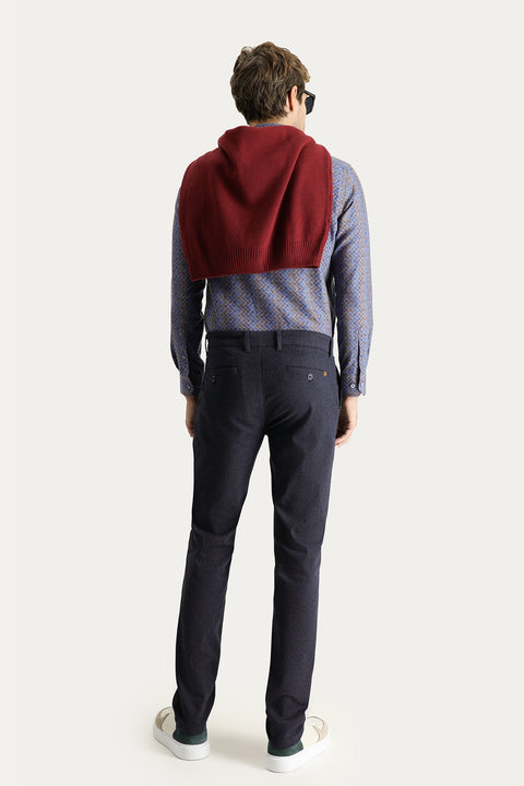 Dark Navy Blue Slim Fit Patterned Lycra Canvas / Chino Trousers