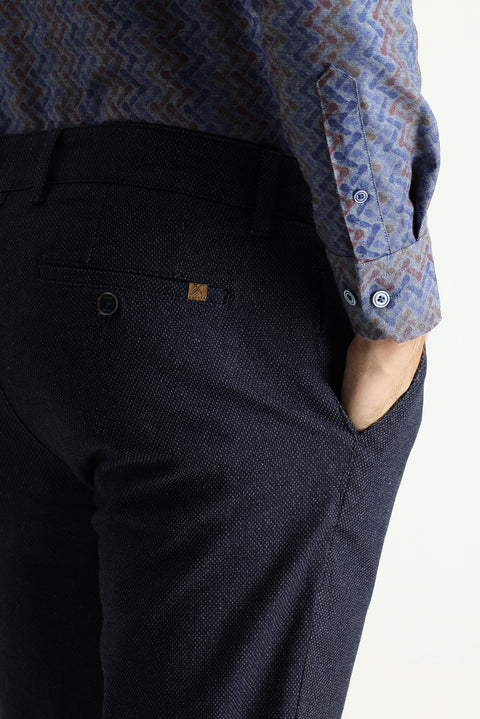 Dark Navy Blue Slim Fit Patterned Lycra Canvas / Chino Trousers