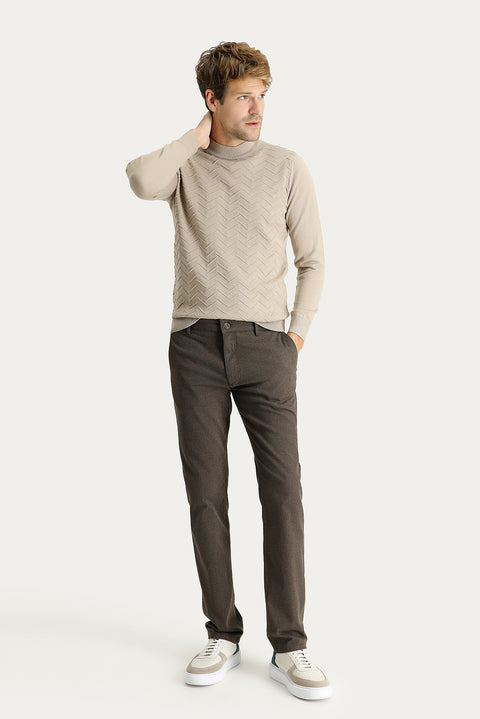 Dark Green Regular Fit Standard Cut Patterned Lycra Canvas / Chino Trousers