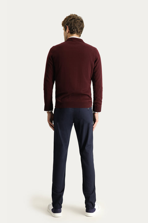 Mid Navy Regular Fit Standard Cut Lycra Canvas / Chino Trousers