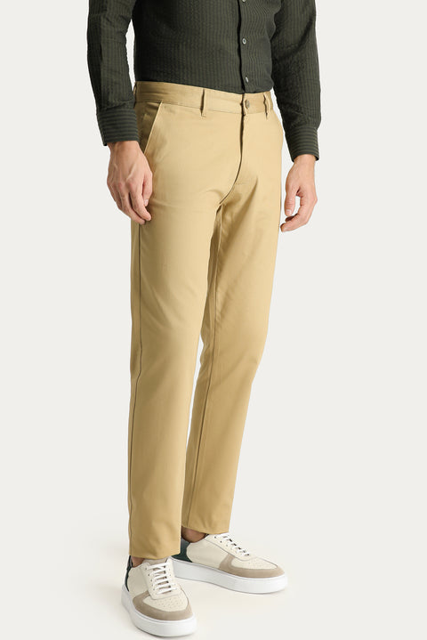 Mid-Beige Regular Fit Standard Cut Stretch Canvas / Chino Trousers