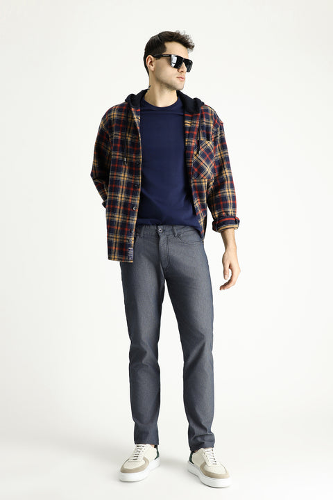 Medium Navy Regular Fit Standard Cut Patterned Lycra Canvas / Chino Trousers