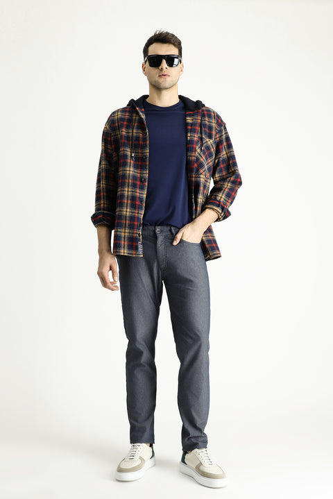 Medium Navy Regular Fit Standard Cut Patterned Lycra Canvas / Chino Trousers