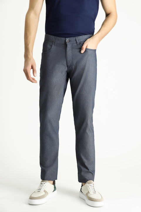 Medium Navy Regular Fit Standard Cut Patterned Lycra Canvas / Chino Trousers