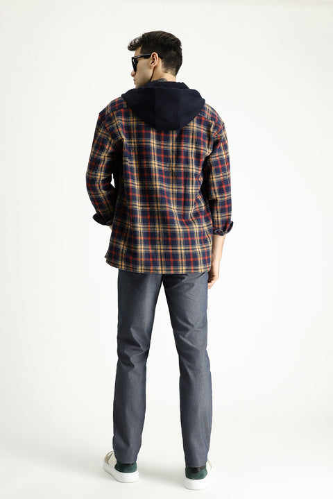Medium Navy Regular Fit Standard Cut Patterned Lycra Canvas / Chino Trousers