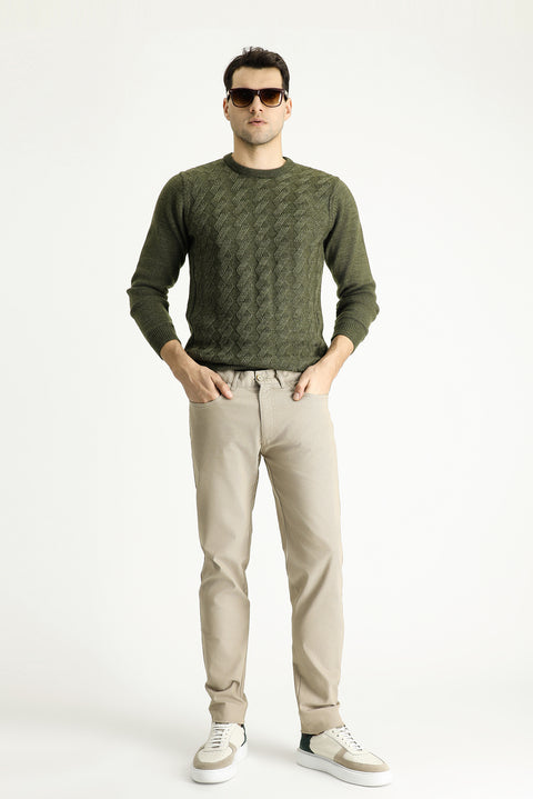 Mid Beige Regular Fit Standard Cut Patterned Lycra Canvas / Chino Trousers