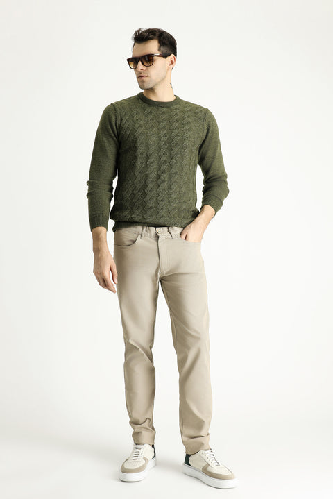 Mid Beige Regular Fit Standard Cut Patterned Lycra Canvas / Chino Trousers
