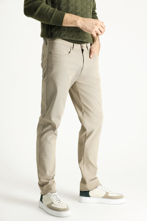 Mid Beige Regular Fit Standard Cut Patterned Lycra Canvas / Chino Trousers