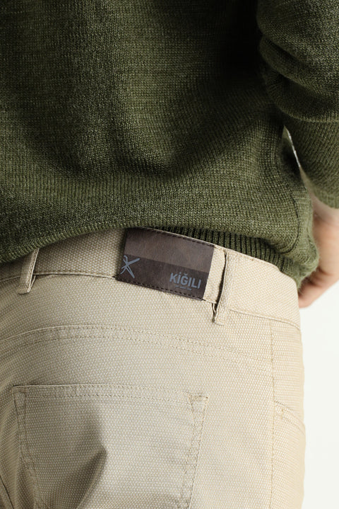Mid Beige Regular Fit Standard Cut Patterned Lycra Canvas / Chino Trousers