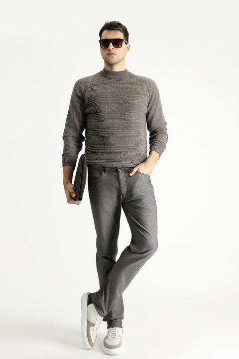 Medium Khaki Regular Fit Standard Cut Patterned Lycra Canvas / Chino Trousers