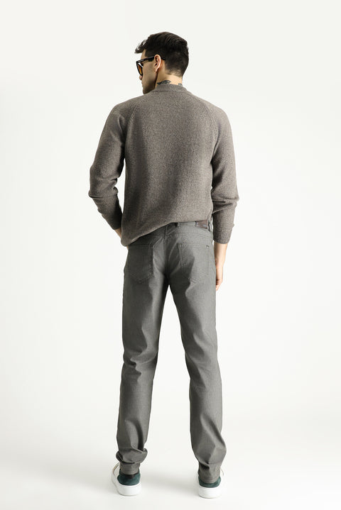 Medium Khaki Regular Fit Standard Cut Patterned Lycra Canvas / Chino Trousers