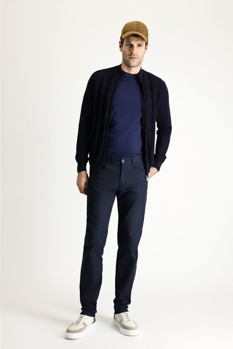Mid Navy Slim Fit Patterned Stretch Canvas / Chino Trousers