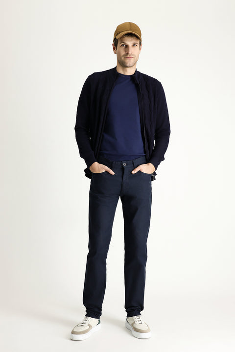 Mid Navy Slim Fit Patterned Stretch Canvas / Chino Trousers
