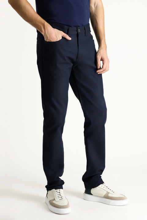 Mid Navy Slim Fit Patterned Stretch Canvas / Chino Trousers