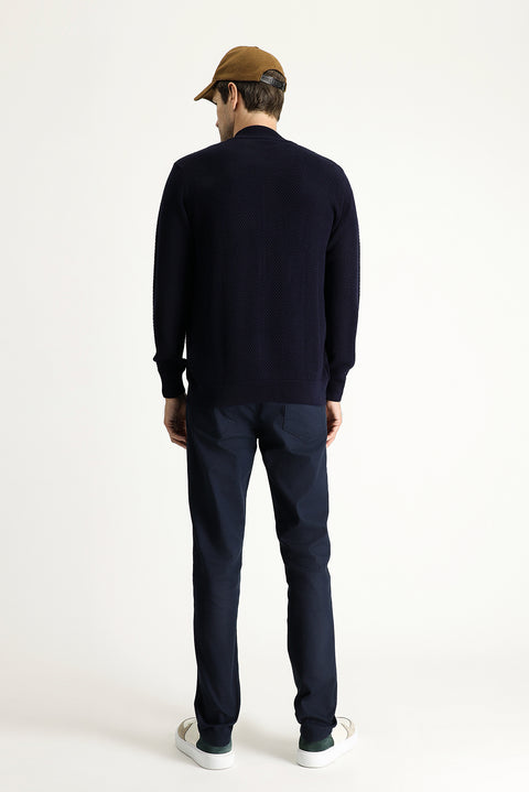 Mid Navy Slim Fit Patterned Stretch Canvas / Chino Trousers