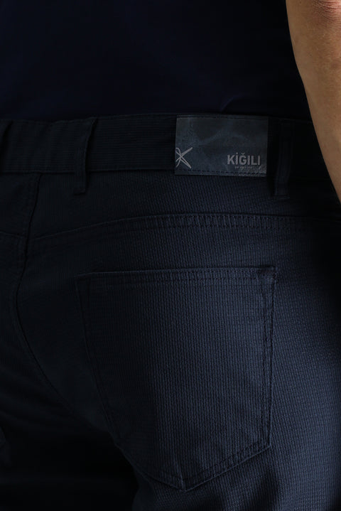 Mid Navy Slim Fit Patterned Stretch Canvas / Chino Trousers