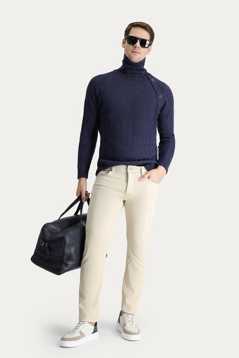 Light Beige Regular Fit Standard Cut Patterned Lycra Canvas / Chino Trousers