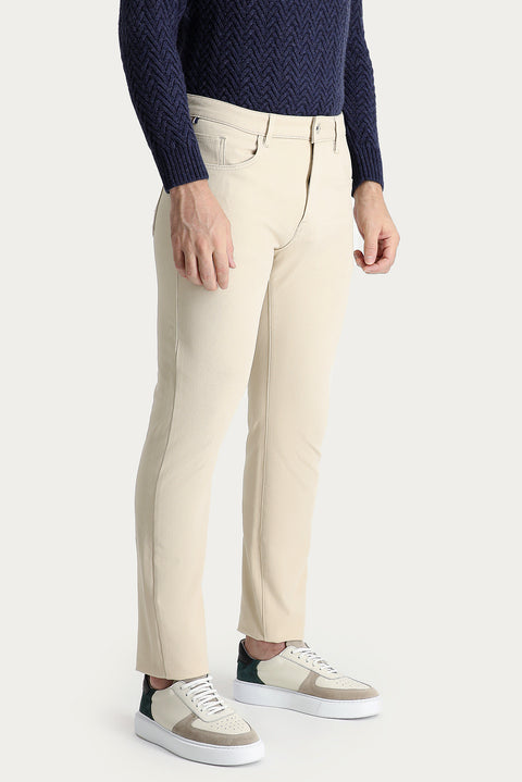Light Beige Regular Fit Standard Cut Patterned Lycra Canvas / Chino Trousers