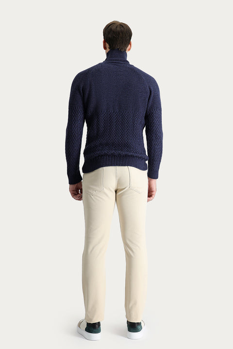 Light Beige Regular Fit Standard Cut Patterned Lycra Canvas / Chino Trousers