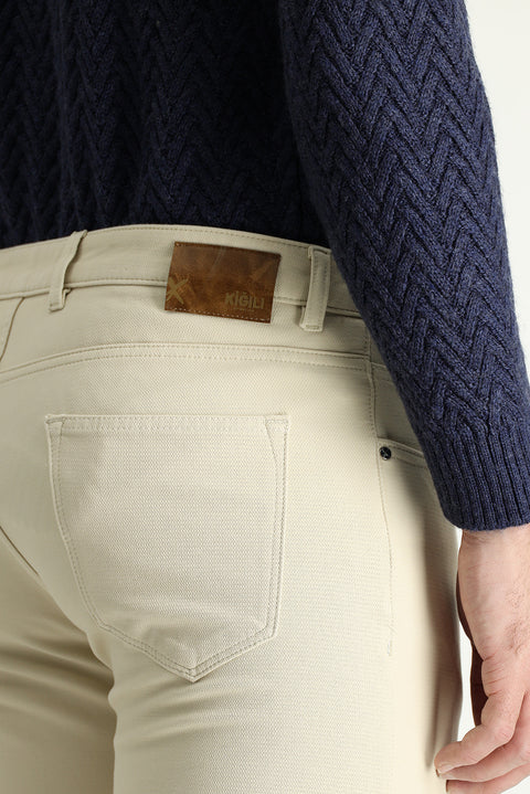 Light Beige Slim Fit Narrow Cut Patterned Lycra Canvas / Chino Pants