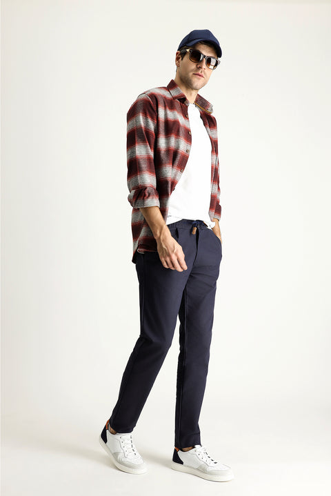 Dark Navy Slim Fit Skinny Elasticated Waist Drawstring Patterned Lycra Trousers