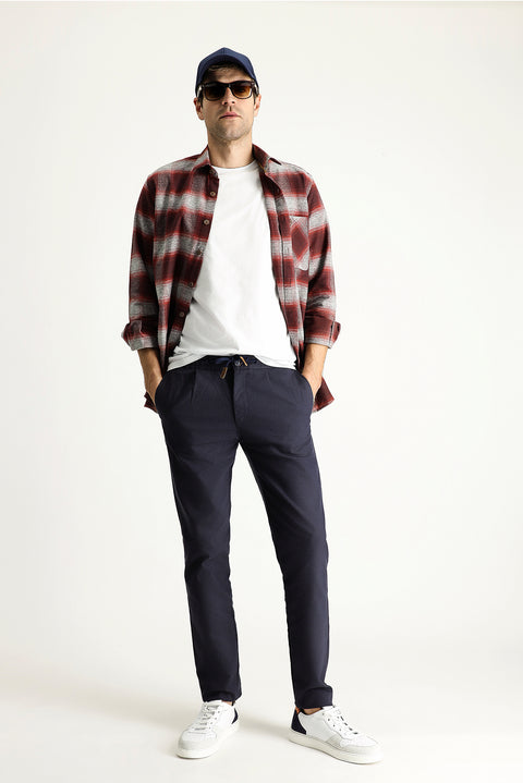 Dark Navy Slim Fit Skinny Elasticated Waist Drawstring Patterned Lycra Trousers