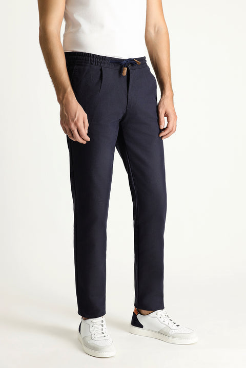 Dark Navy Slim Fit Skinny Elasticated Waist Drawstring Patterned Lycra Trousers
