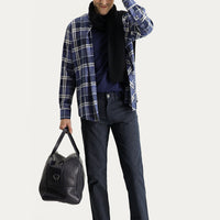 Koyu Lacivert Slim Fit Dar Kesim Çizgili Likralı Kanvas / Chino Pantolon