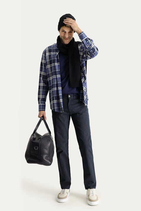 Koyu Lacivert Slim Fit Dar Kesim Çizgili Likralı Kanvas / Chino Pantolon