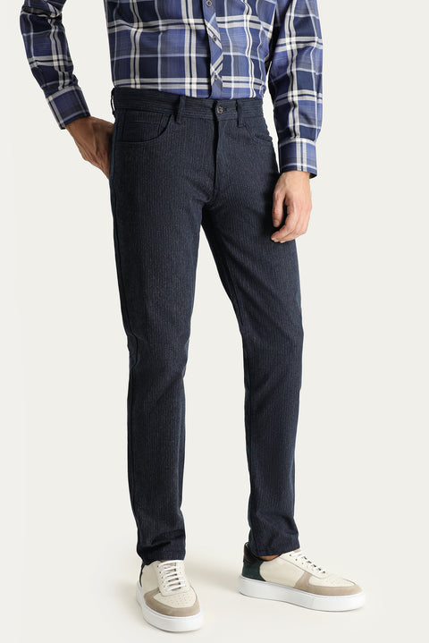 Koyu Lacivert Slim Fit Dar Kesim Çizgili Likralı Kanvas / Chino Pantolon