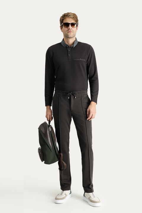Bitter Coffee Regular Fit Standard Cut Elasticated Waist Drawstring Stretchy Knitted Trousers