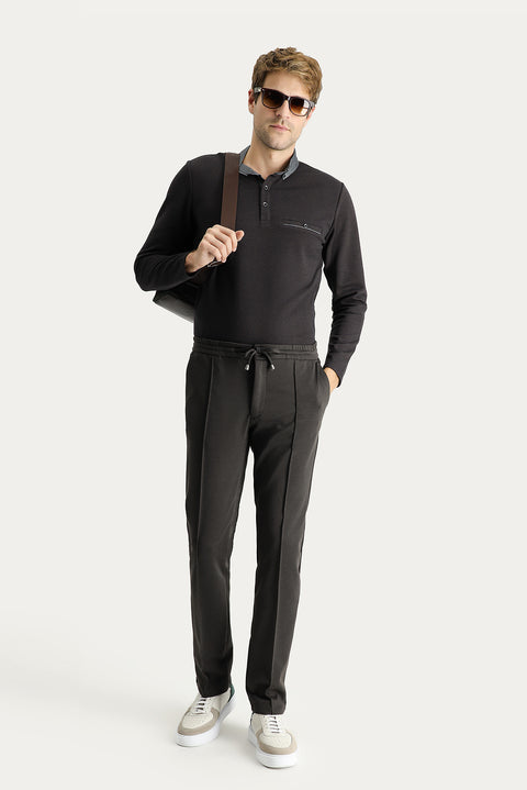 Bitter Coffee Regular Fit Standard Cut Elasticated Waist Drawstring Stretchy Knitted Trousers