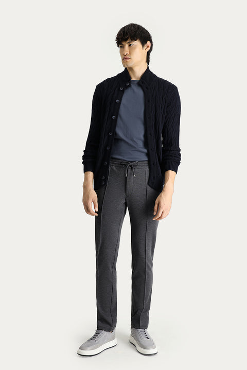 Dark Anthracite Regular Fit Standard Cut Elasticated Waist Drawstring Stretchy Knit Trousers