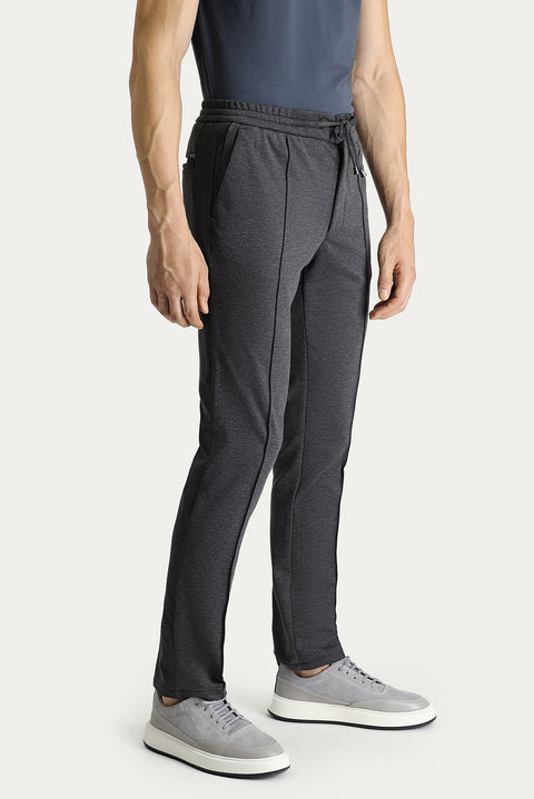 Dark Anthracite Slim Fit Tapered Leg Elasticated Drawstring Waist Stretchy Knitted Trousers
