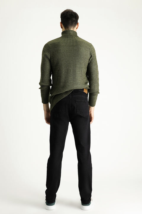 Siyah Slim Fit Dar Kesim Beli Lastikli İpli Likralı Örme Kanvas / Chino Pantolon