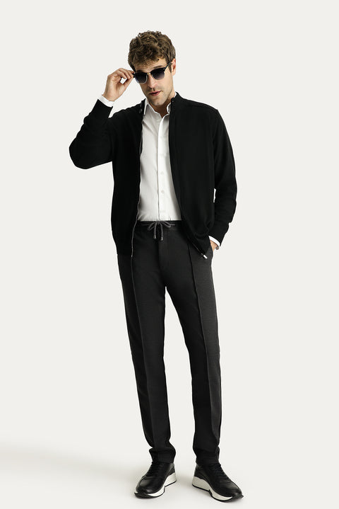 Dark Anthracite Slim Fit Drawstring Waist Stretchy Knitted Canvas / Chino Trousers
