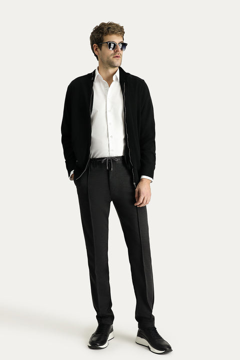 Dark Anthracite Slim Fit Drawstring Waist Stretchy Knitted Canvas / Chino Trousers