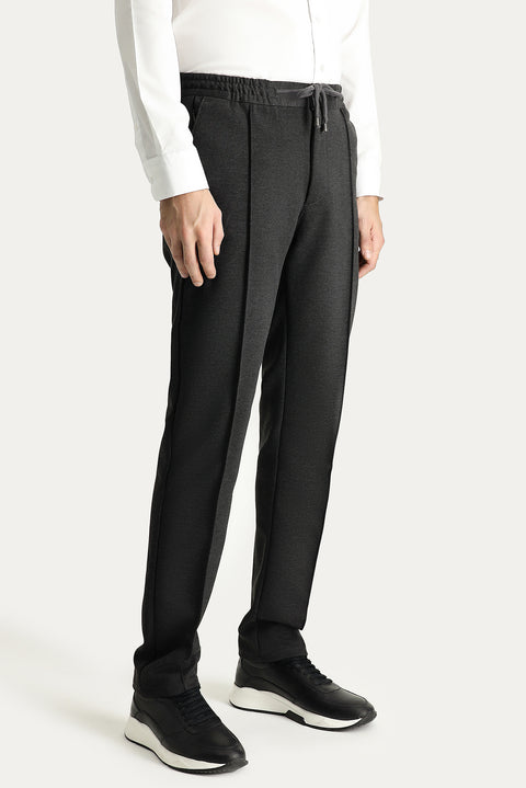Dark Anthracite Slim Fit Drawstring Waist Stretchy Knitted Canvas / Chino Trousers